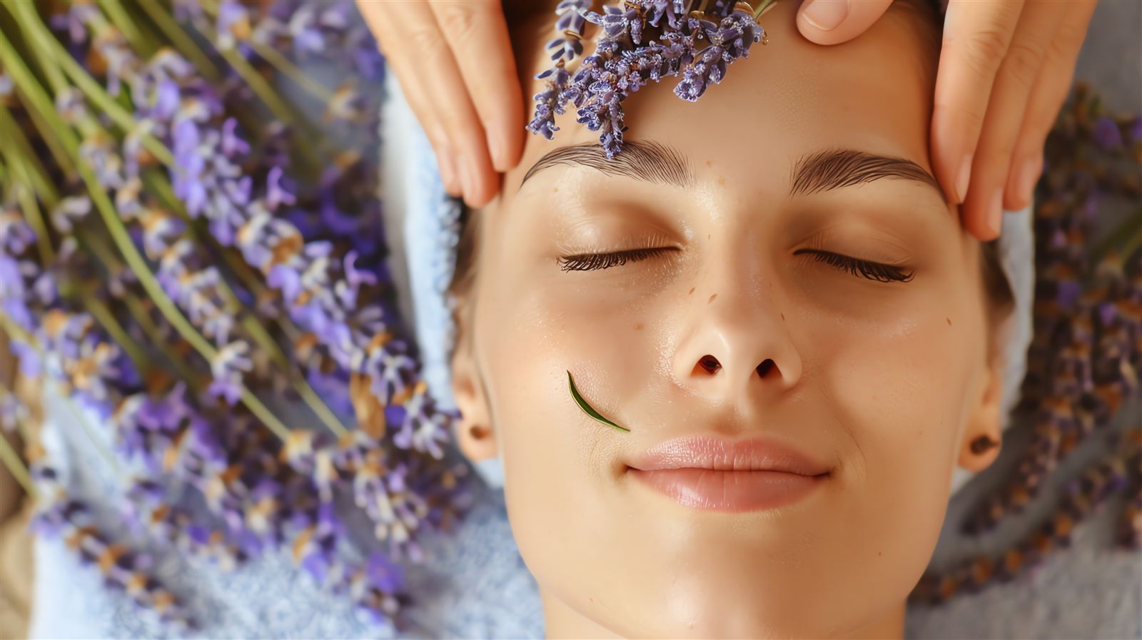Client receiving a calming facial treatment with lavender at Pure by Catalina